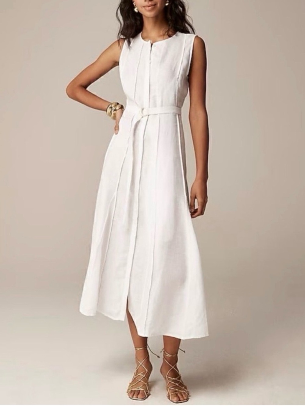 J. Crew White Linen Seamed Detail Midi Dress with Waist Belt